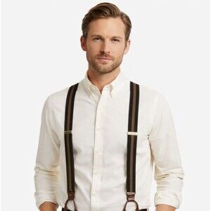 Cole Haan Suspenders Stretch Brown Burgundy Black Striped w/Leather Button Brace